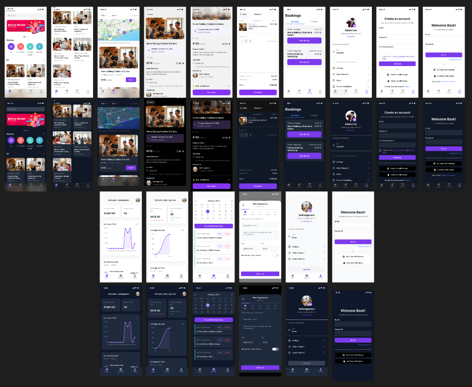 Togather mobile app interface designs in light and dark themes